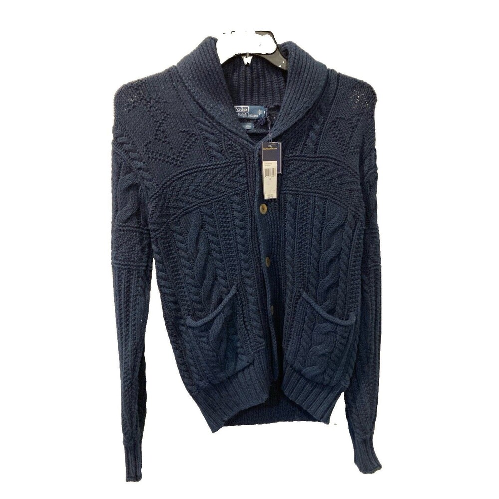 Men's Polo Ralph Lauren Aran Cable Knit Shawl Collar Cardigan Cot. Blue Sz M NWT